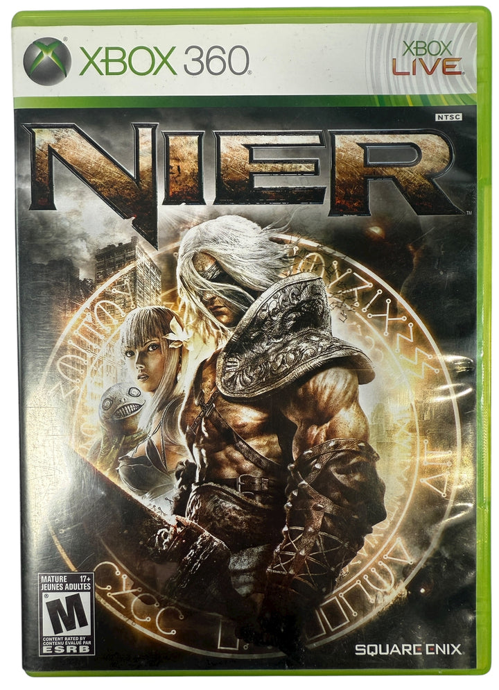 Xbox 360 game case for 'Nier' with characters and logo on a green background