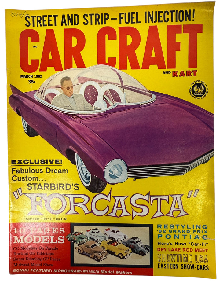 1962 Car Craft magazine featuring Starbird’s Forcasta custom build. Vintage hot-rod, drag racing, and model-car content. Great collectible automotive ephemera.