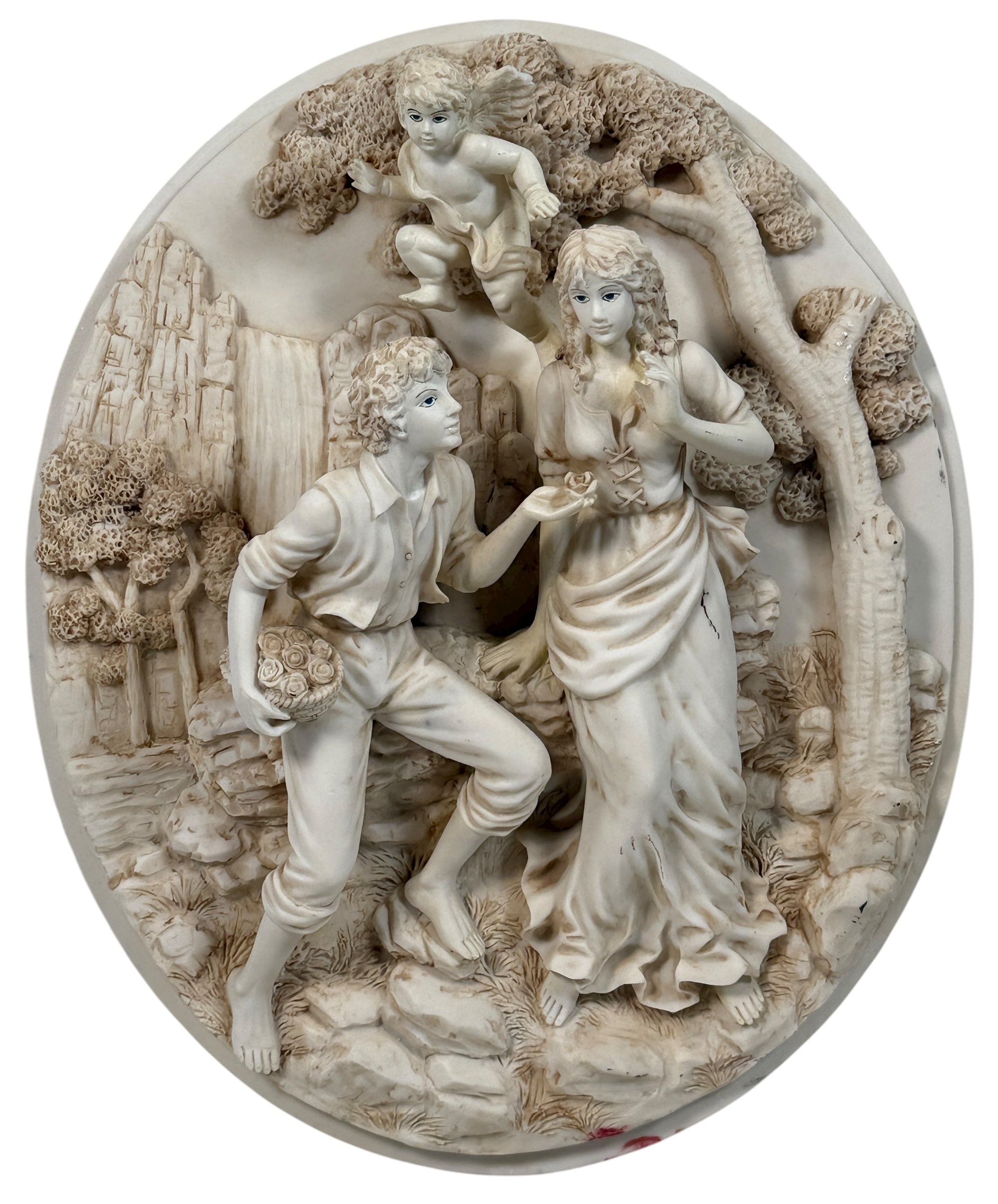 Vintage 13.5” high-relief resin wall plaque with romantic couple and cherub, faux-alabaster finish, detailed mid-century décor. Great statement wall art.