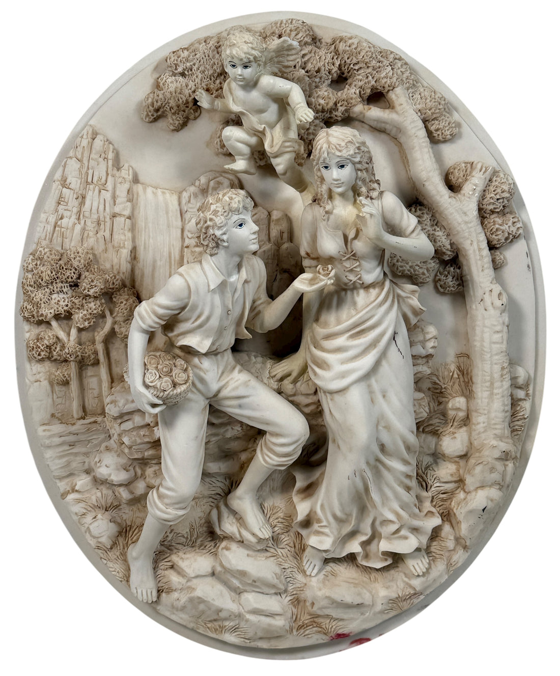 Vintage 13.5” high-relief resin wall plaque with romantic couple and cherub, faux-alabaster finish, detailed mid-century décor. Great statement wall art.