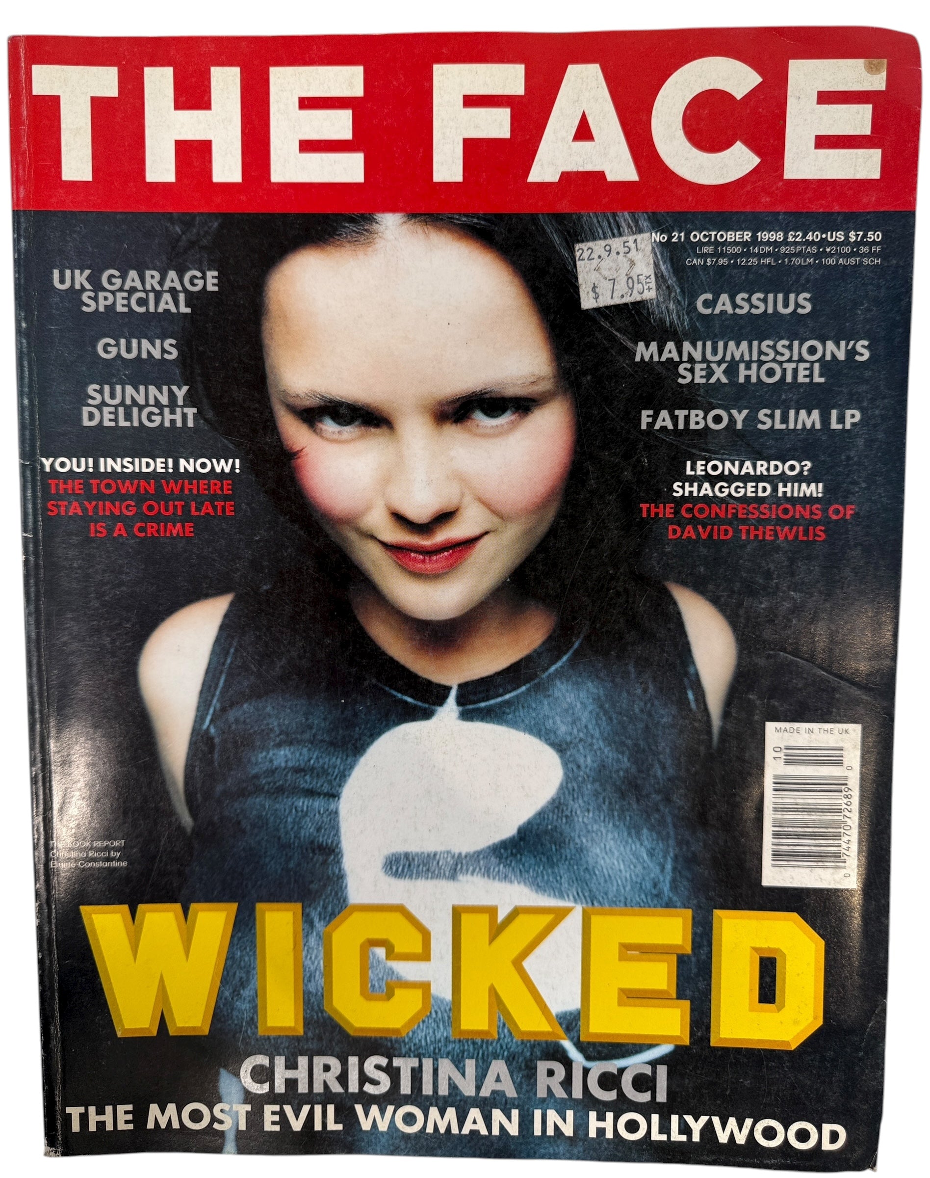 1998 The Face magazine with Christina Ricci “Wicked” cover. VG vintage issue featuring UK Garage, Cassius, Fatboy Slim, Master P, and iconic 90s ads.