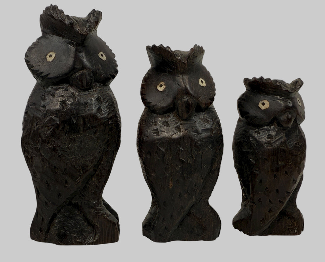 Hand-carved African ebony parrot trio. Solid hardwood folk-art birds in vintage condition. Great decor set. 
