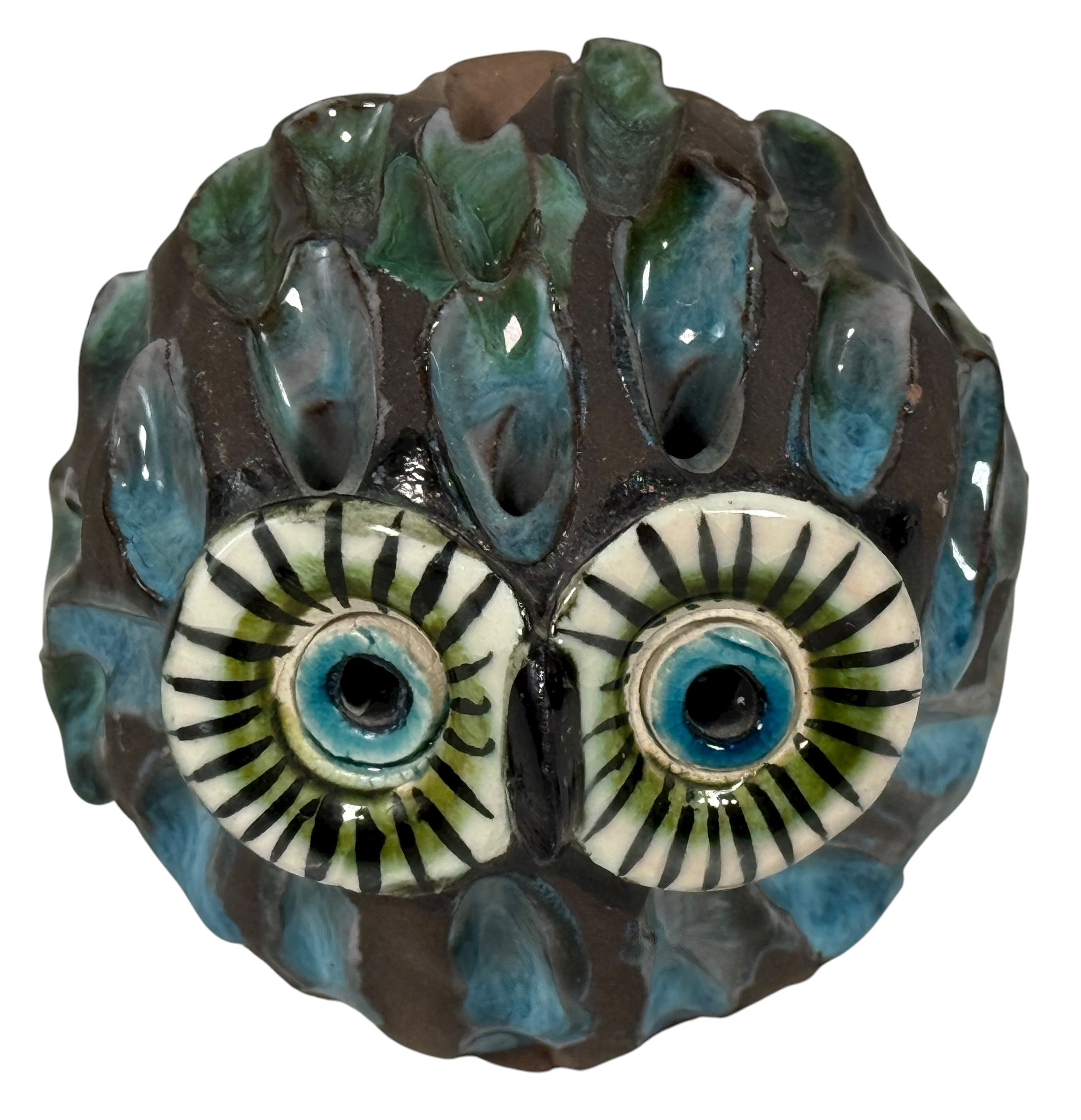Handmade studio pottery owl sculpture in terracotta with glazed details. Mid-century style decor, artisan-crafted, unique collectible ceramic figure.