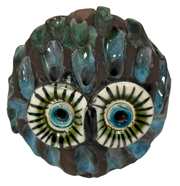 Handmade studio pottery owl sculpture in terracotta with glazed details. Mid-century style decor, artisan-crafted, unique collectible ceramic figure.