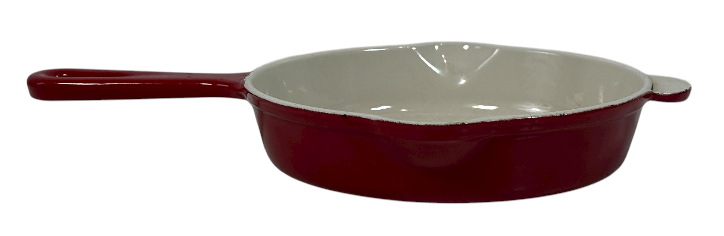 Vintage Cousances Le Creuset #16 enameled cast iron skillet in Flame red. French-made, functional with vintage wear. Great for cooking or display.