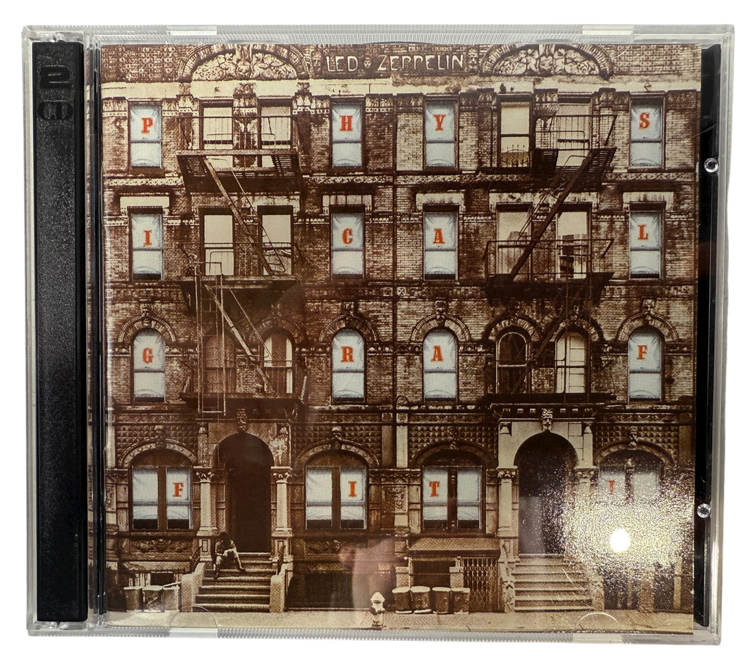 CD cover of 'Physical Graffiti' by Led Zeppelin with architectural design and text.