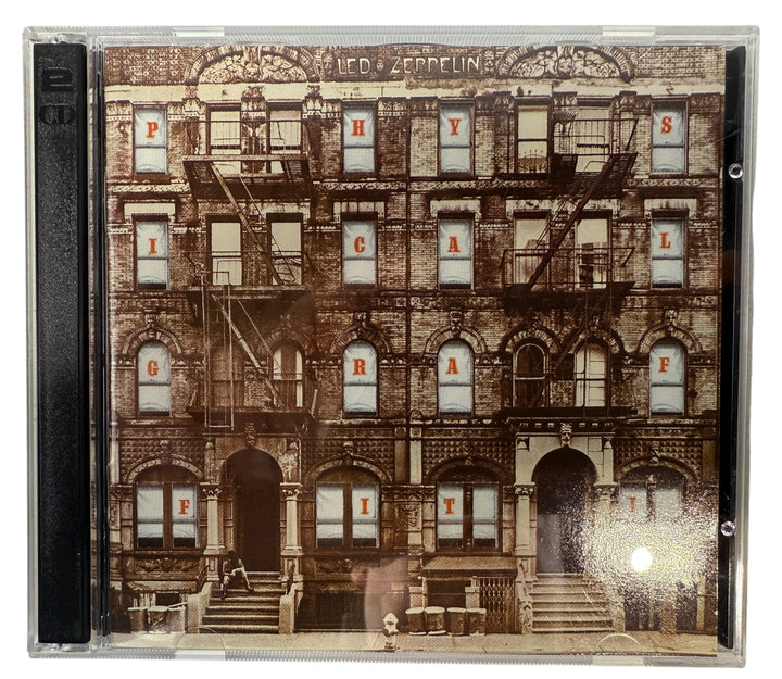 CD cover of 'Physical Graffiti' by Led Zeppelin with architectural design and text.