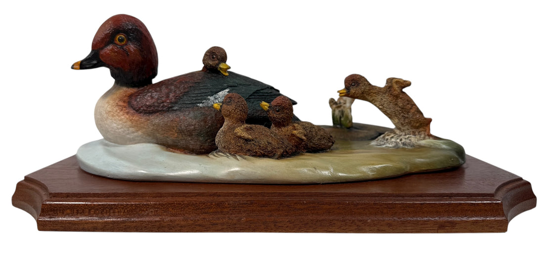 Early-number 1980 Bossons Crown Collection “First Outing” Goldeneye Ducks plaque. Hand-painted, excellent condition, original hardwood mount.