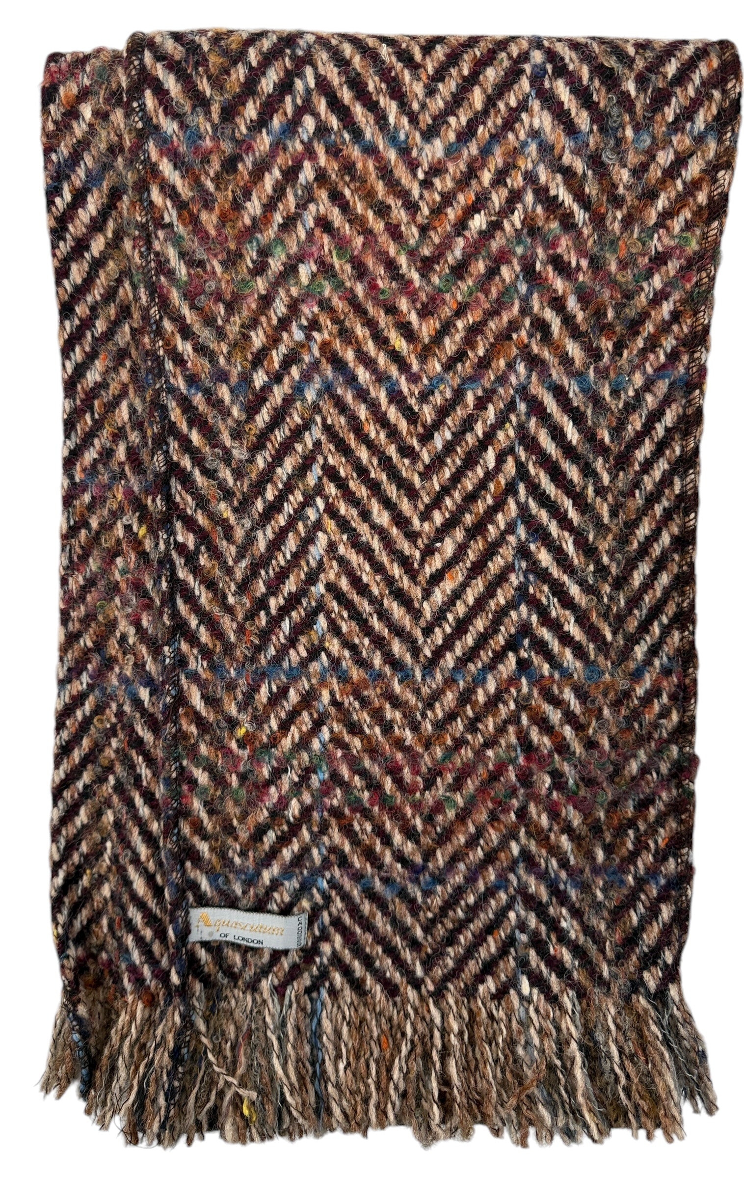Vintage Aquascutum wool scarf with tweed herringbone weave and fringe. Quality British winter accessory in good condition. Ships from Canada.