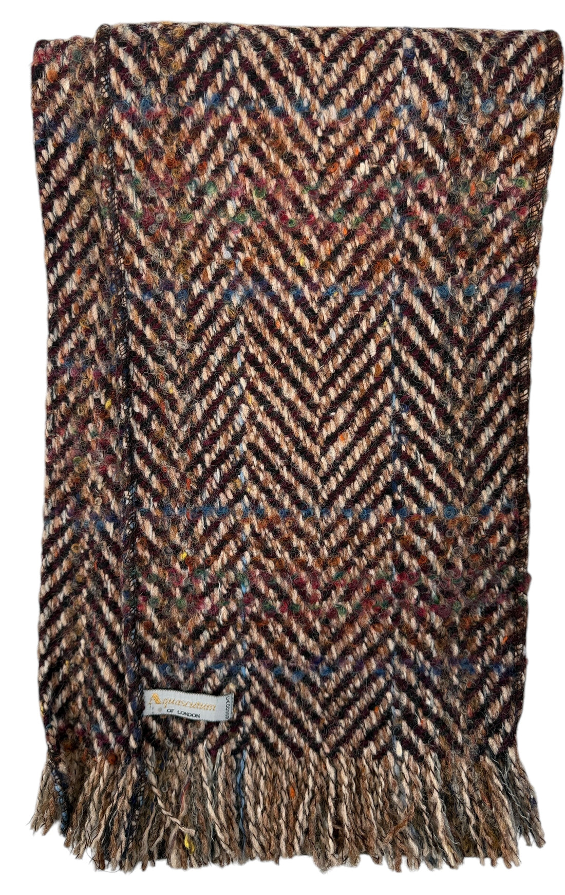 Vintage Aquascutum wool scarf with tweed herringbone weave and fringe. Quality British winter accessory in good condition. Ships from Canada.