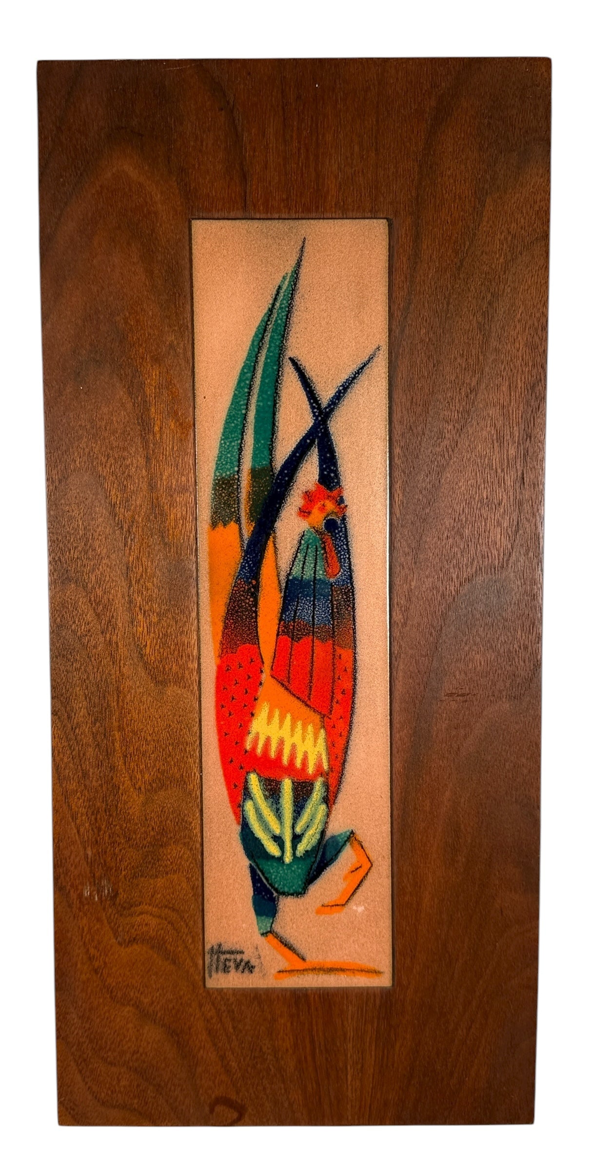 Vintage mid-century HEVA enamel on copper wall plaque with abstract figure, signed and mounted on wood. Québec studio art, 1960s–70s. Great MCM décor piece.