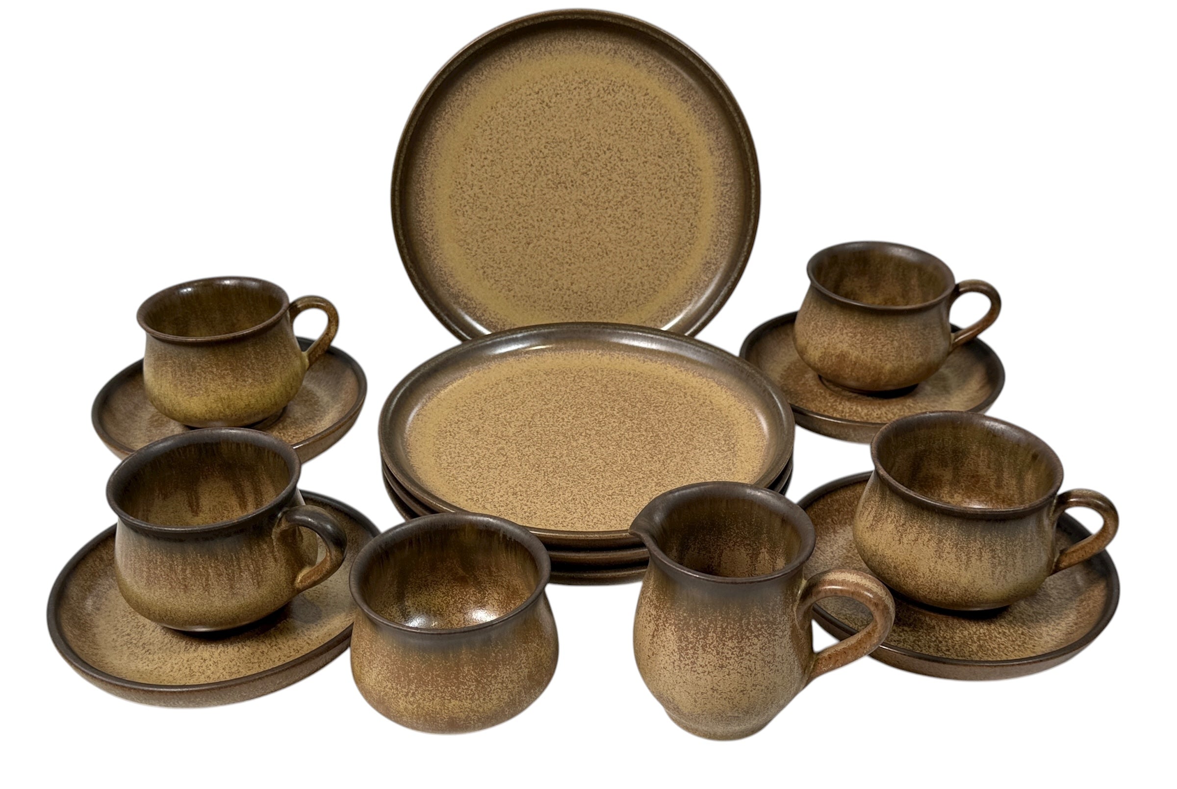 Vintage Denby England stoneware tea set, 10-piece matching speckled beige collection. Cups, saucers, plates, creamer, sugar bowl. Durable and collectible.