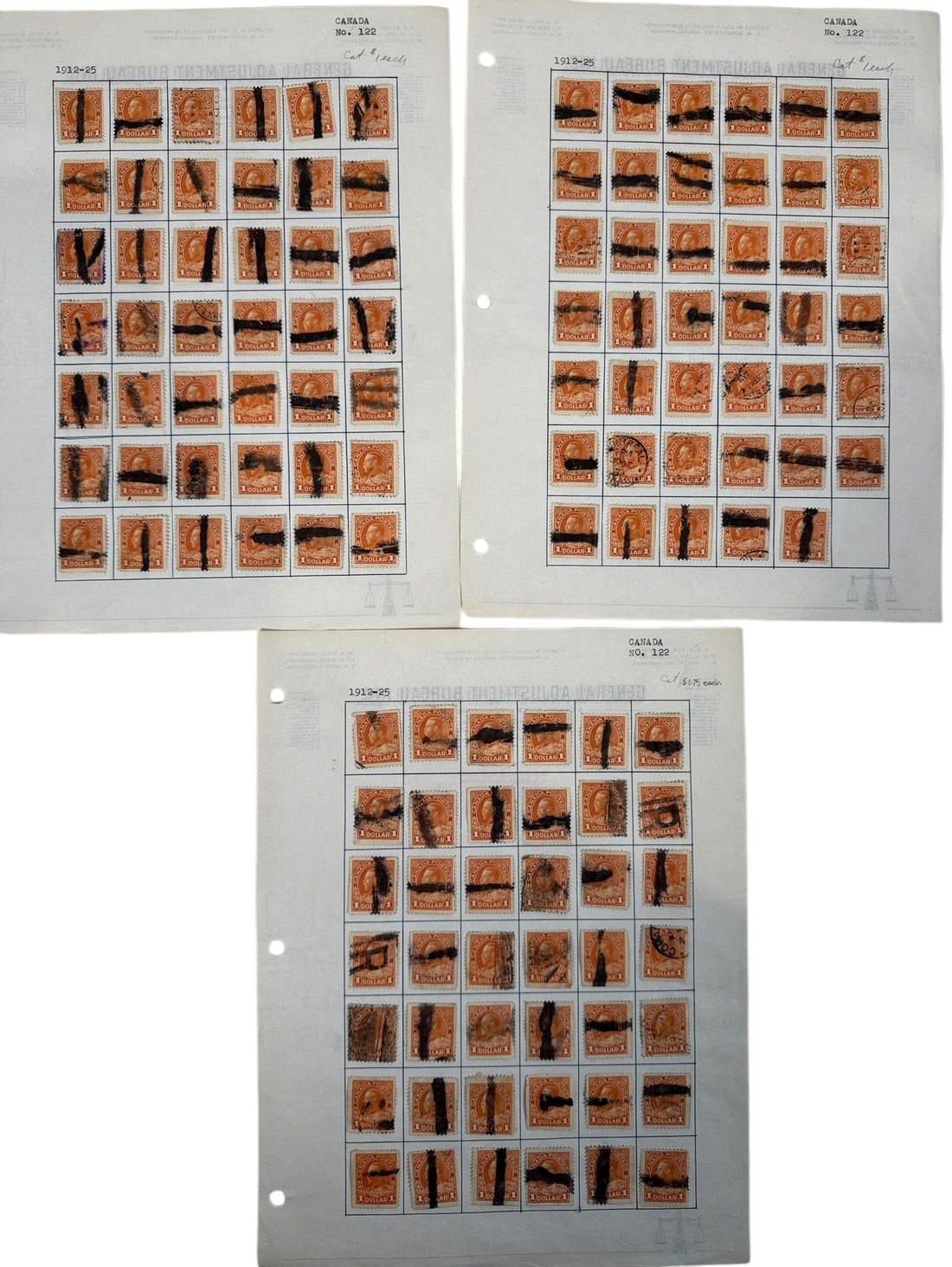 Three complete sheets (120 total) of Canada Scott #122 $1 King George V stamps with fiscal pen cancels. Early 1900s revenue history. Great collector value.