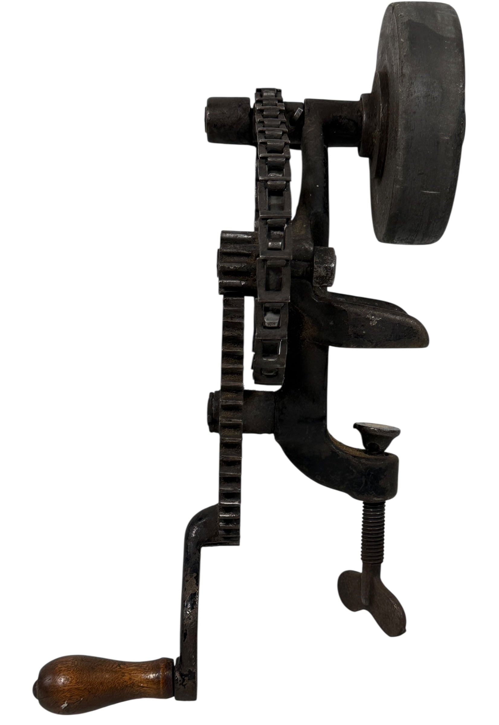 Working antique clamp-on cast-iron grinder with chain drive. Compact 19th-century sharpening tool, fully functional. Industrial décor or collector piece.
