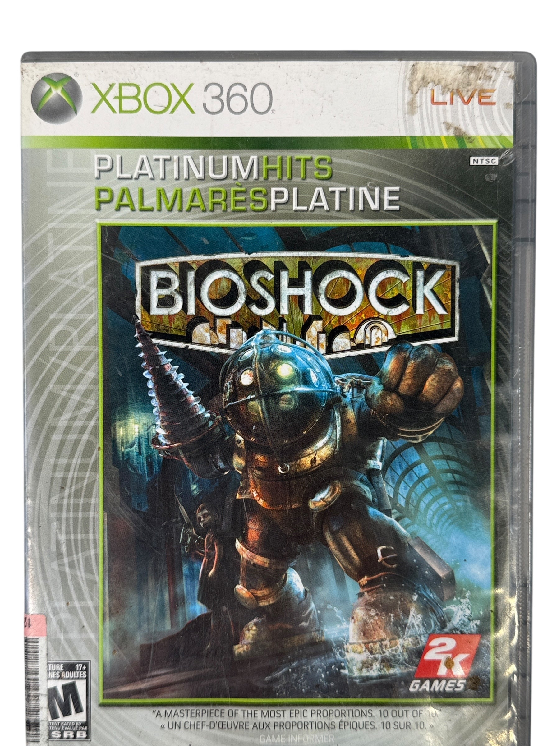BioShock Xbox 360 Platinum Hits edition. Complete and tested. Classic action-horror game set in Rapture. Ships quickly from Montreal.
