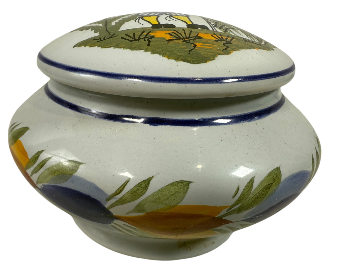 Hand-painted Henriot Quimper faience covered bowl with Breton figure lid, dated 2001. Studio-quality collectible in excellent condition. France-made ceramic.