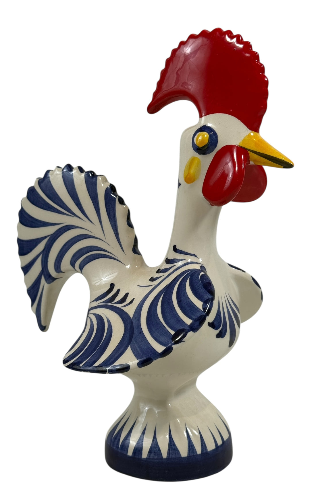 Hand-painted Portuguese ceramic rooster, 8¼” signed studio piece. Cobalt blue folk-art décor with excellent detail. Vintage-style collectible pottery.