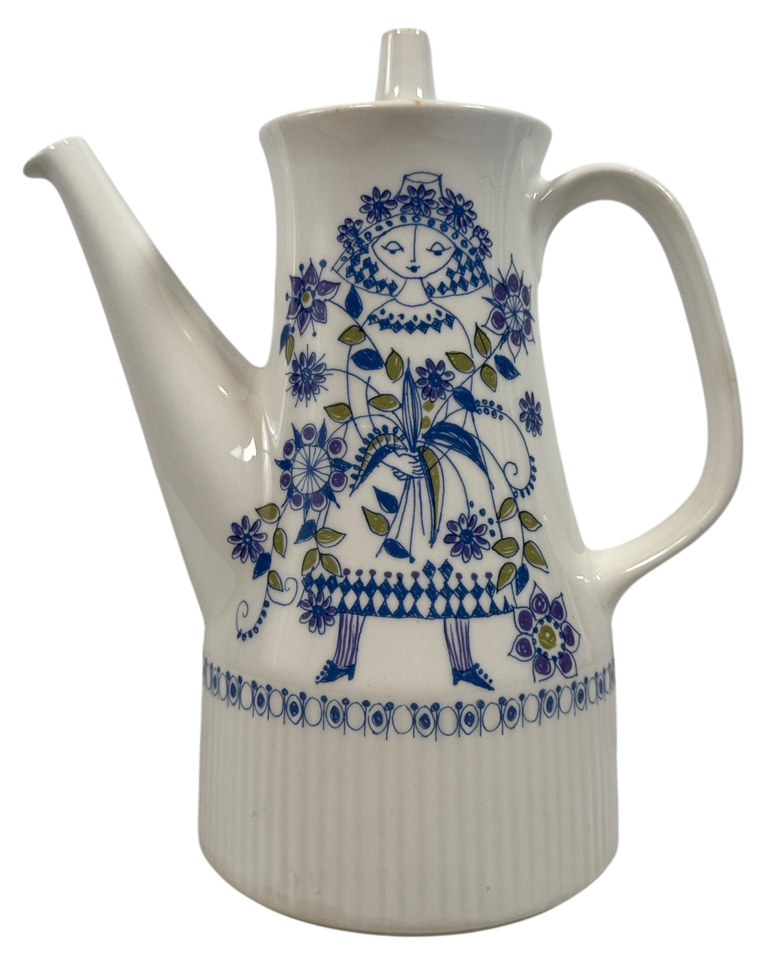 Hand-painted Lotte Finland coffee pot with blue folk art motif, 8¼” tall. Vintage Scandinavian ceramic in excellent condition. Collectible kitchen decor.