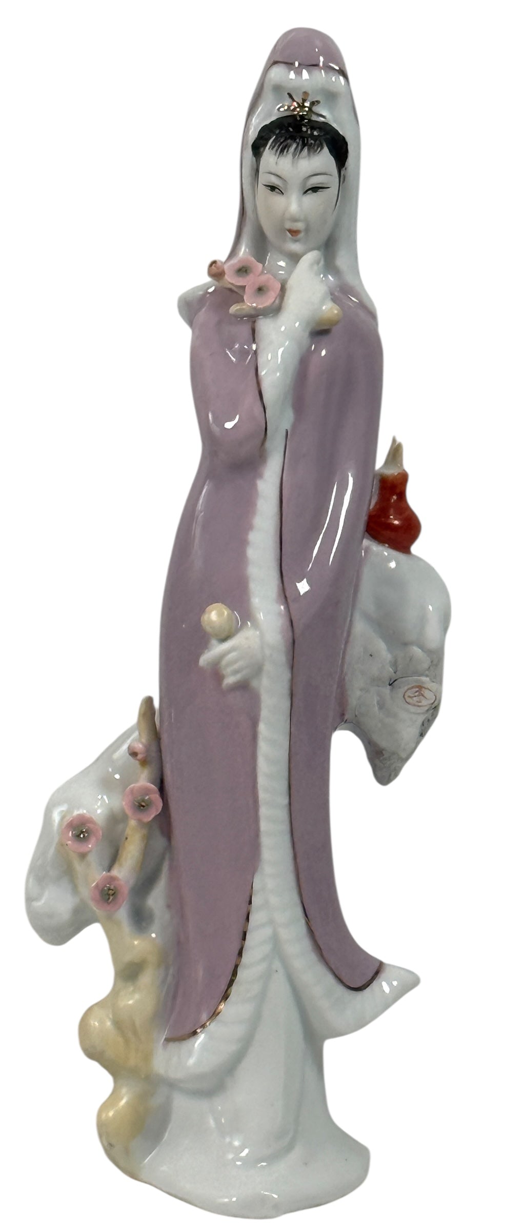 Vintage Chinese export Guanyin porcelain figurine with pastel lavender robe. Mid-century Buddhist decor, serene and elegant, in very good condition.
