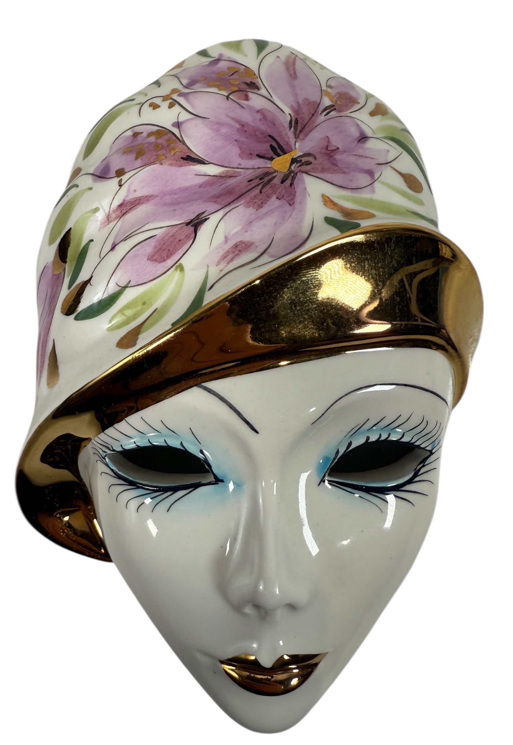 Vintage Italian Capodimonte porcelain wall mask with gold trim. Hand-painted decorative ceramic wall art made in Italy.