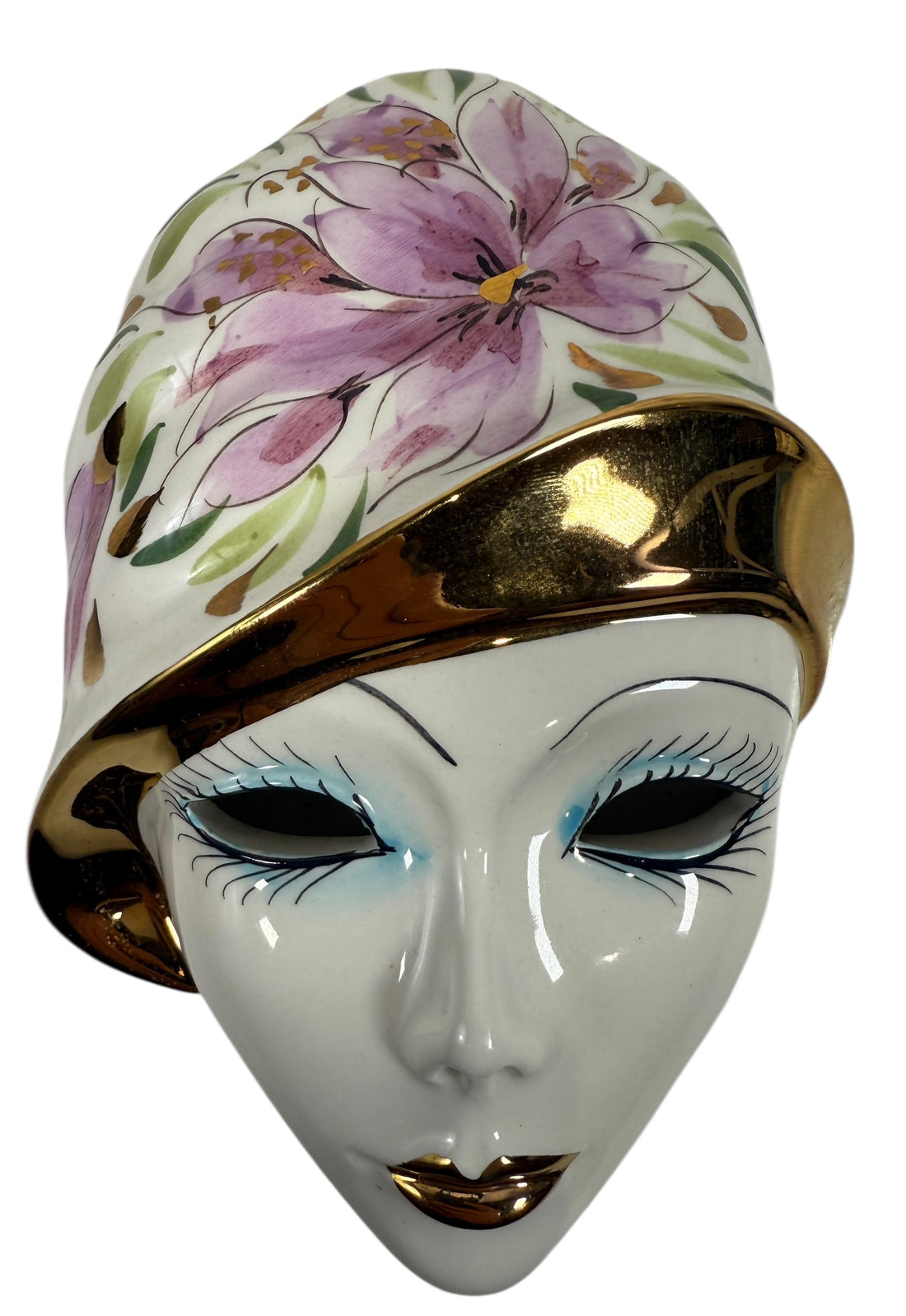 Vintage Italian Capodimonte porcelain wall mask with gold trim. Hand-painted decorative ceramic wall art made in Italy.