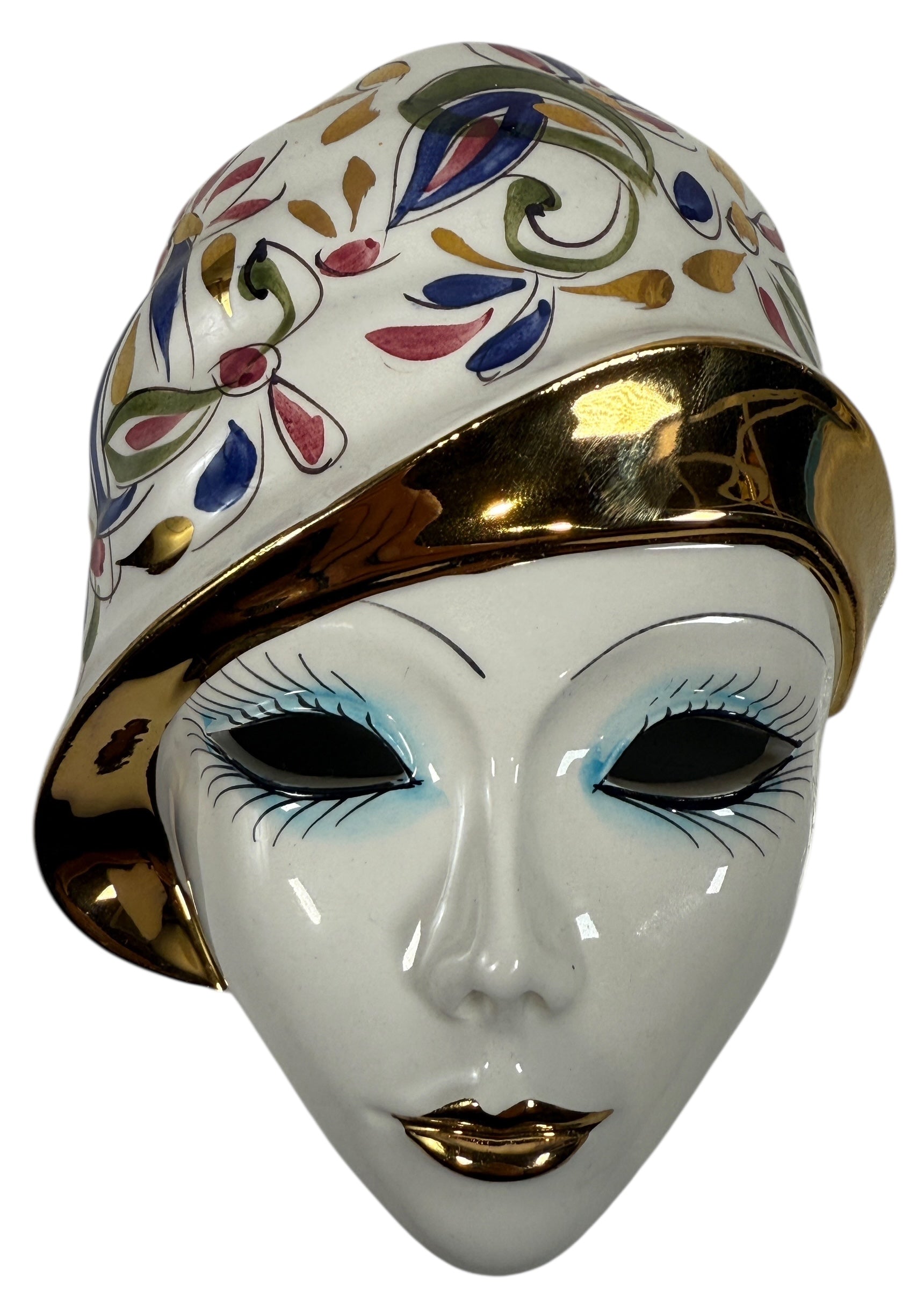 Vintage Italian ceramic wall mask from Modena with hand-painted floral design and gold accents. Authentic mid-century wall décor made in Italy.