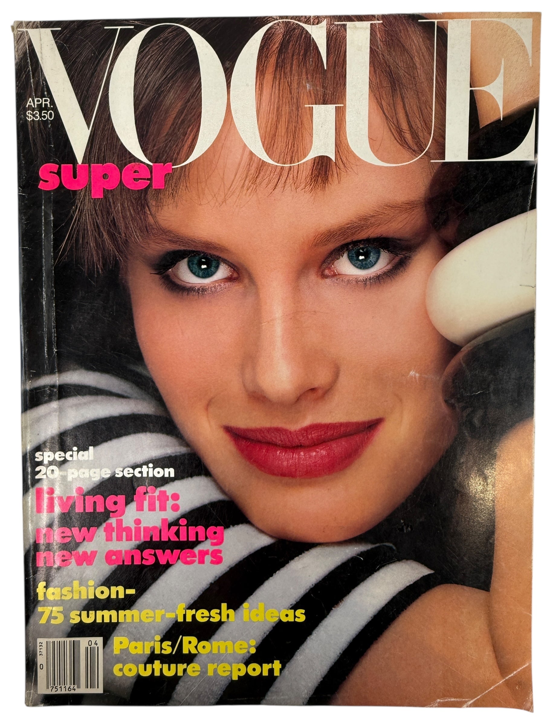 Vintage Vogue April 1986 magazine featuring Monika Schnarre on the Super cover with Paris and Rome couture report and Living Fit fashion section.