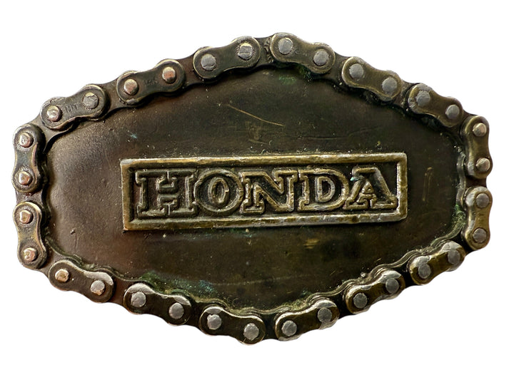 Vintage 1976 Honda motorcycle belt buckle by Great American Buckle Co. USA-made with real chain edge, authentic biker collectible.