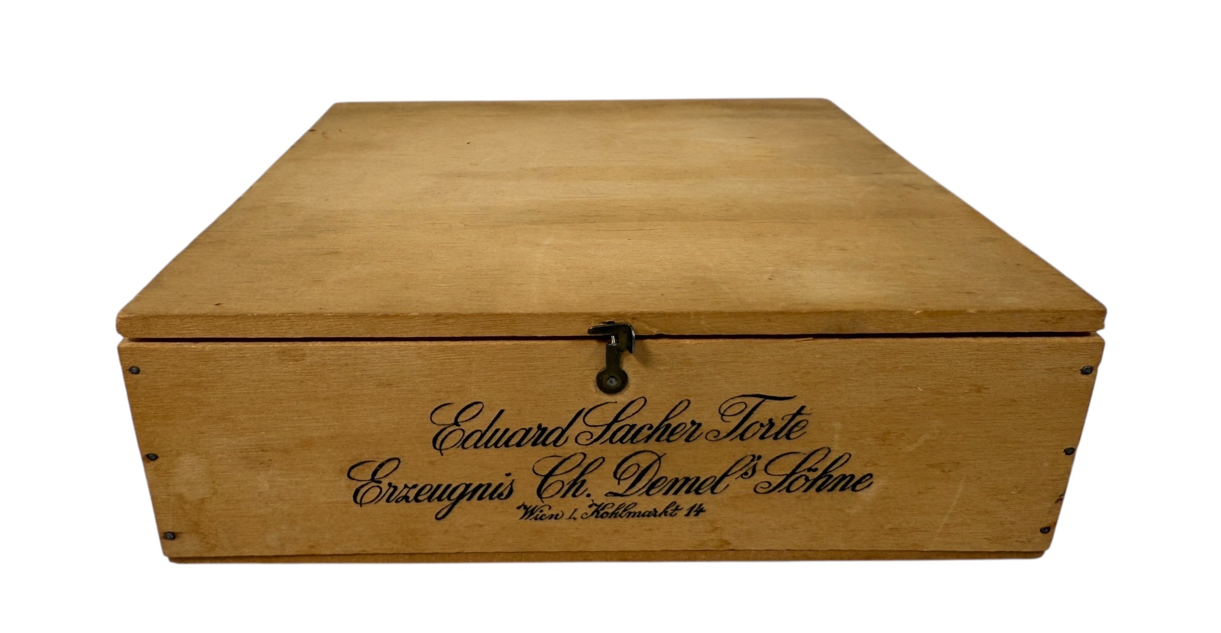 Early 20th century Demel Vienna Sacher Torte wooden cake box. Authentic Austrian culinary ephemera from historic Kohlmarkt café.