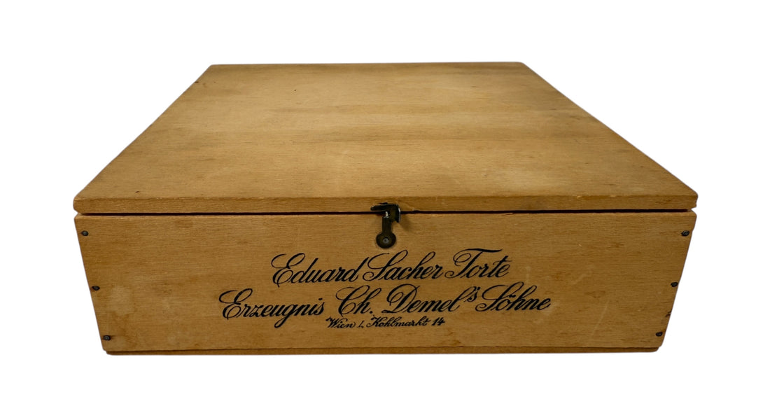 Early 20th century Demel Vienna Sacher Torte wooden cake box. Authentic Austrian culinary ephemera from historic Kohlmarkt café.