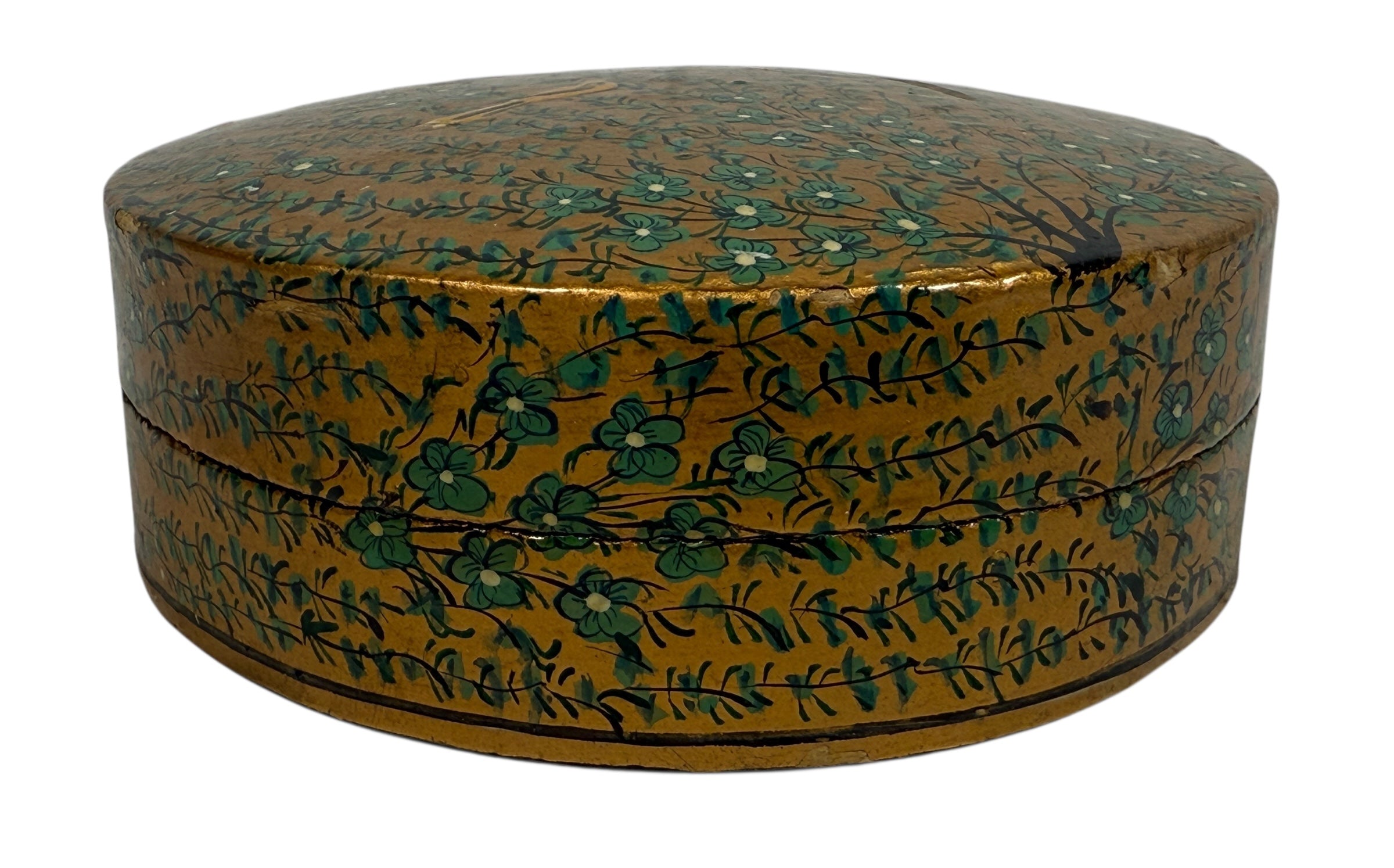 Vintage Kashmiri papier-mâché box with six matching coasters, hand-painted floral and bird design, traditional Indian folk art decor.