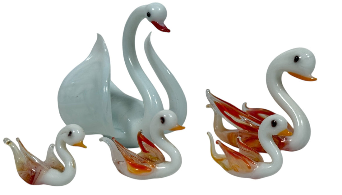 Murano-style art glass swan family set with opaline bodies and amber wings. Decorative 5-piece vintage-style glass display.