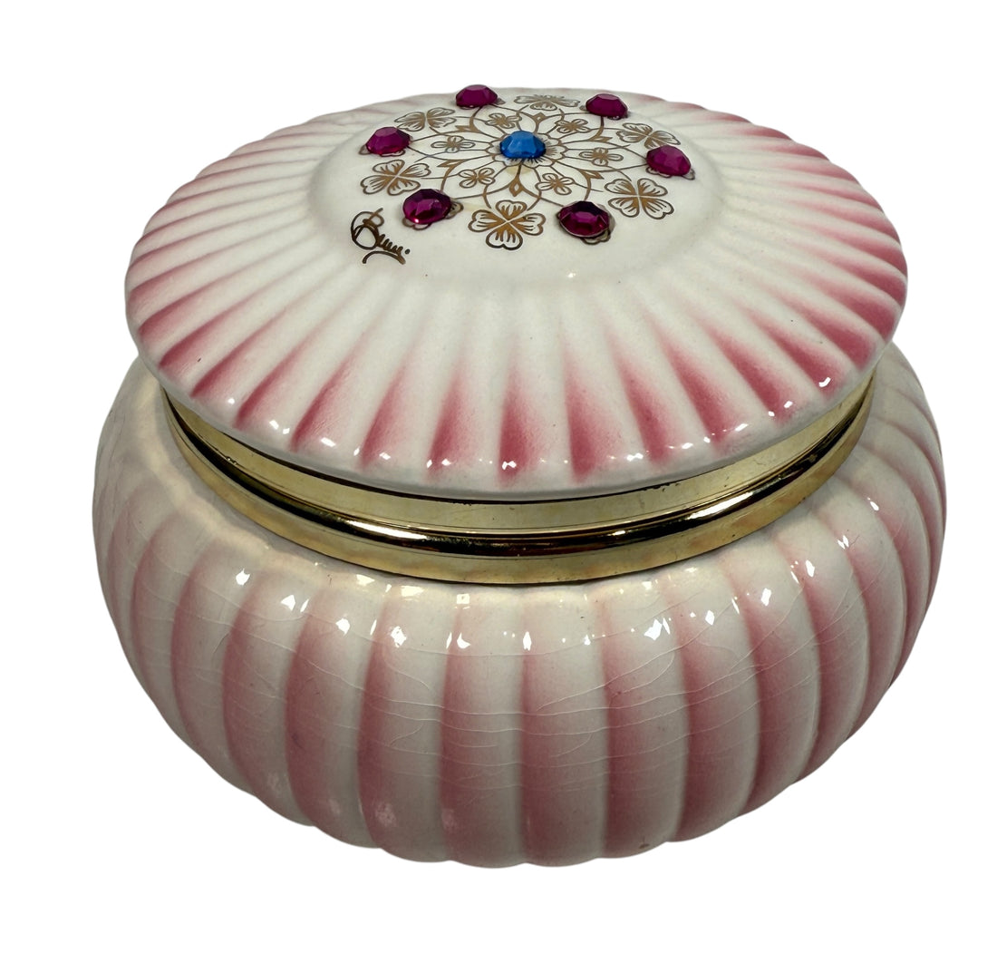 Vintage Italian porcelain trinket box with jeweled lid, Capodimonte-style décor, Made in Italy, mid-century vanity box with gilt floral details.
