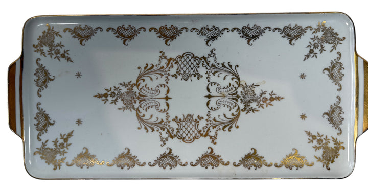 Vintage German porcelain serving tray by R.P.M. with ornate gold gilt and floral décor. Mid-century elegance for tea service or display.