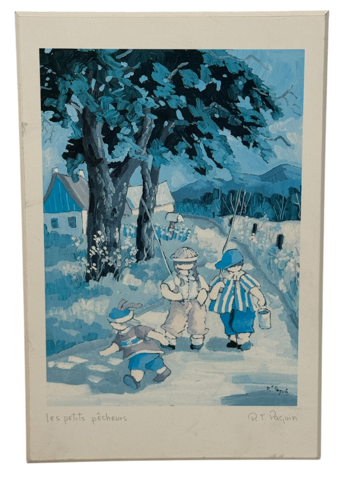 Vintage Québec art print Les petits pêcheurs by Paul-Émile Paquin, mid-century folkloric illustration with pencil signature, classic Canadian décor.
