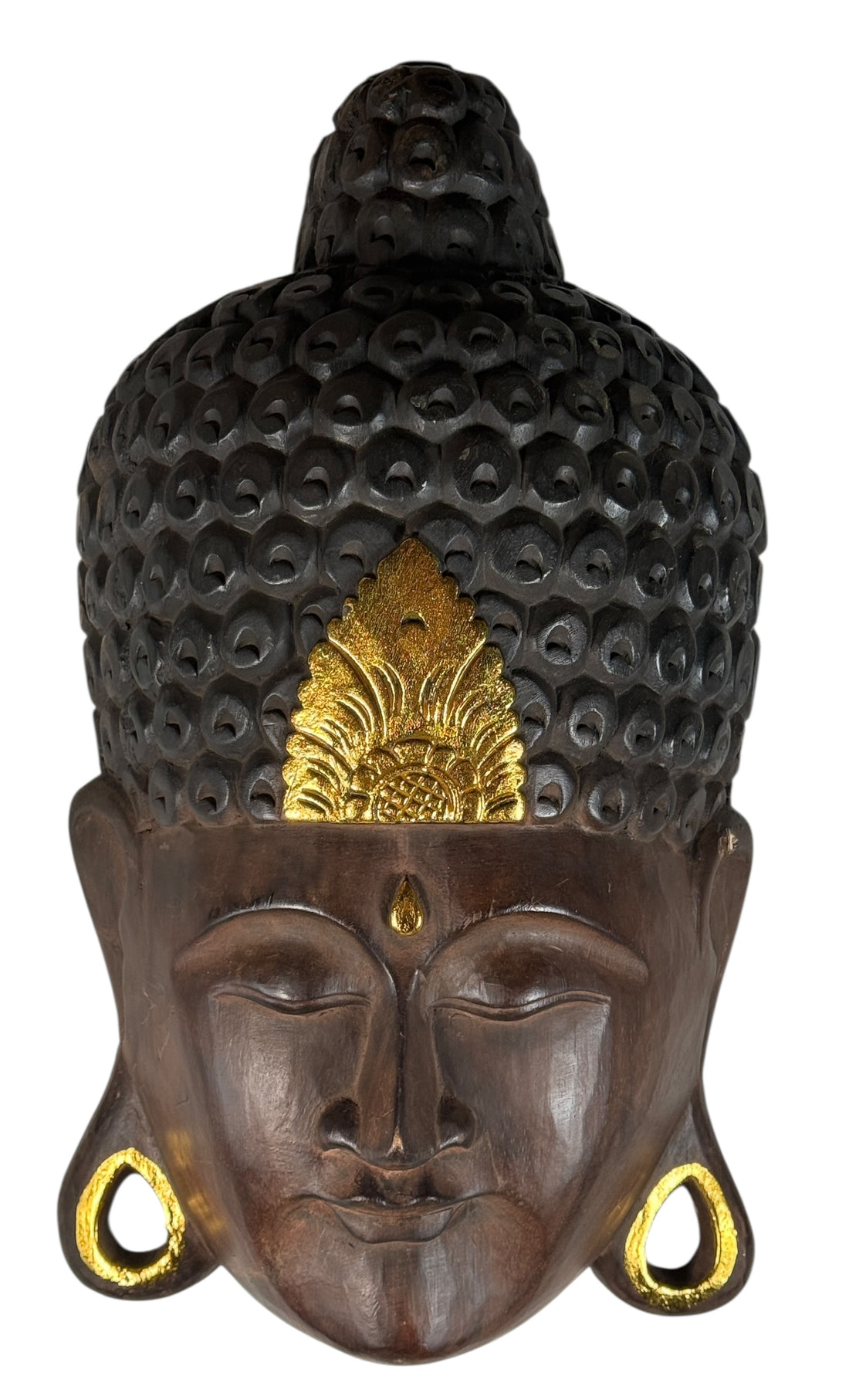 Large hand-carved wooden Buddha wall mask with gold accents, 20 inches tall. Southeast Asian decorative carving, hollow-back wall mount.