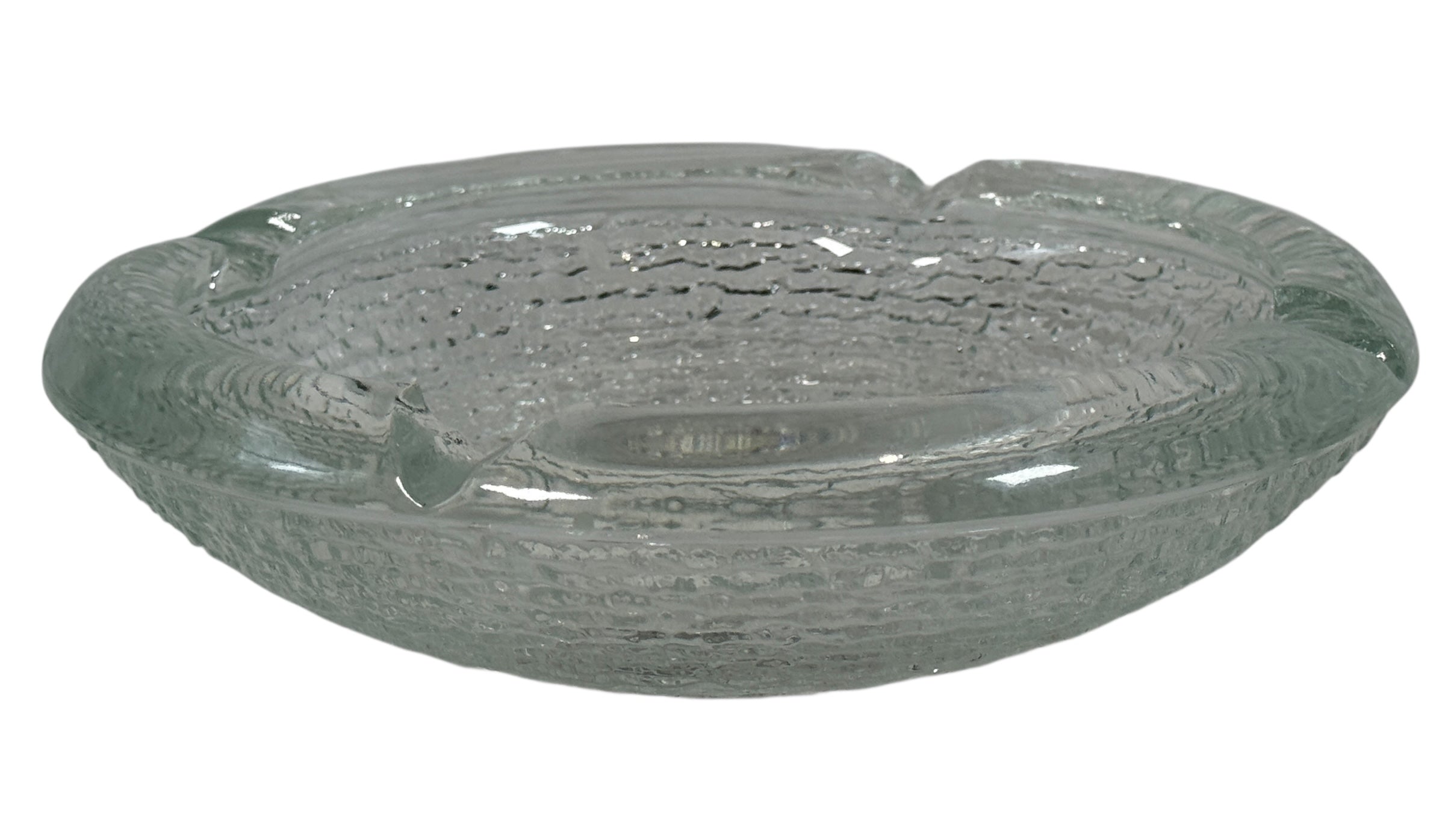 Vintage Iittala Ultima Thule glass ashtray by Tapio Wirkkala, 8 inch diameter. Iconic Finnish modernist pressed glass design.