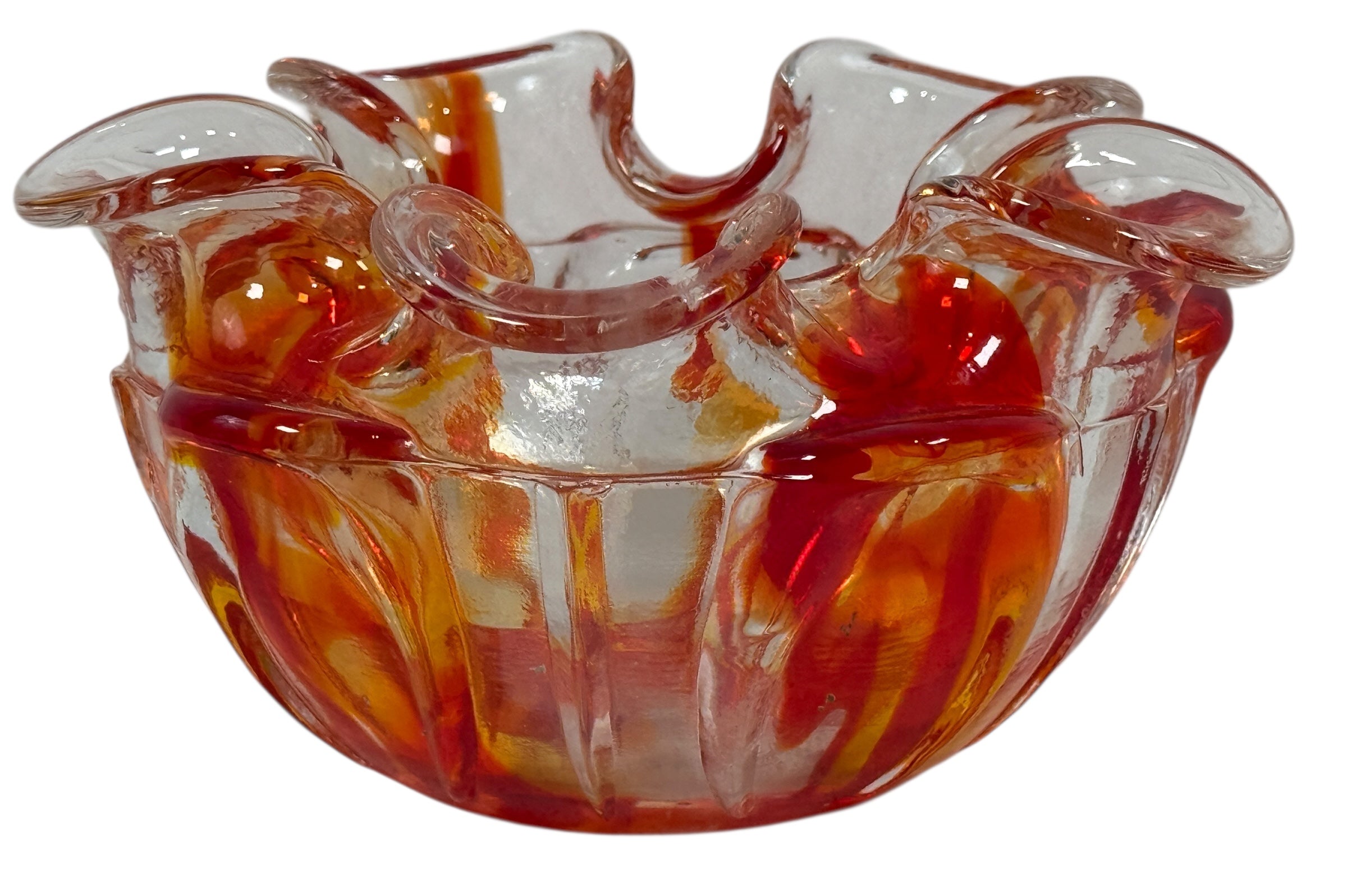 Vintage Murano-style Italian sommerso art glass bowl with red and amber encased glass and folded rim. Hand-blown decorative bowl, 6 inches wide.