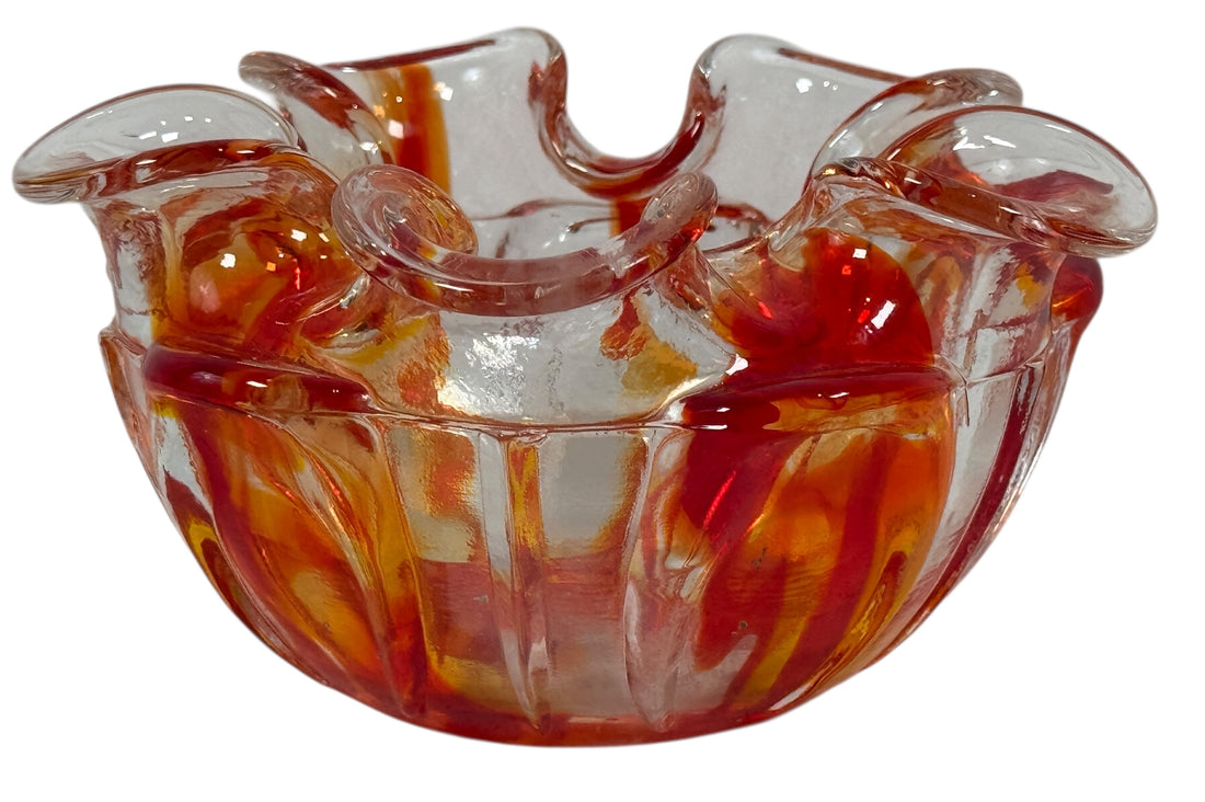 Vintage Murano-style Italian sommerso art glass bowl with red and amber encased glass and folded rim. Hand-blown decorative bowl, 6 inches wide.