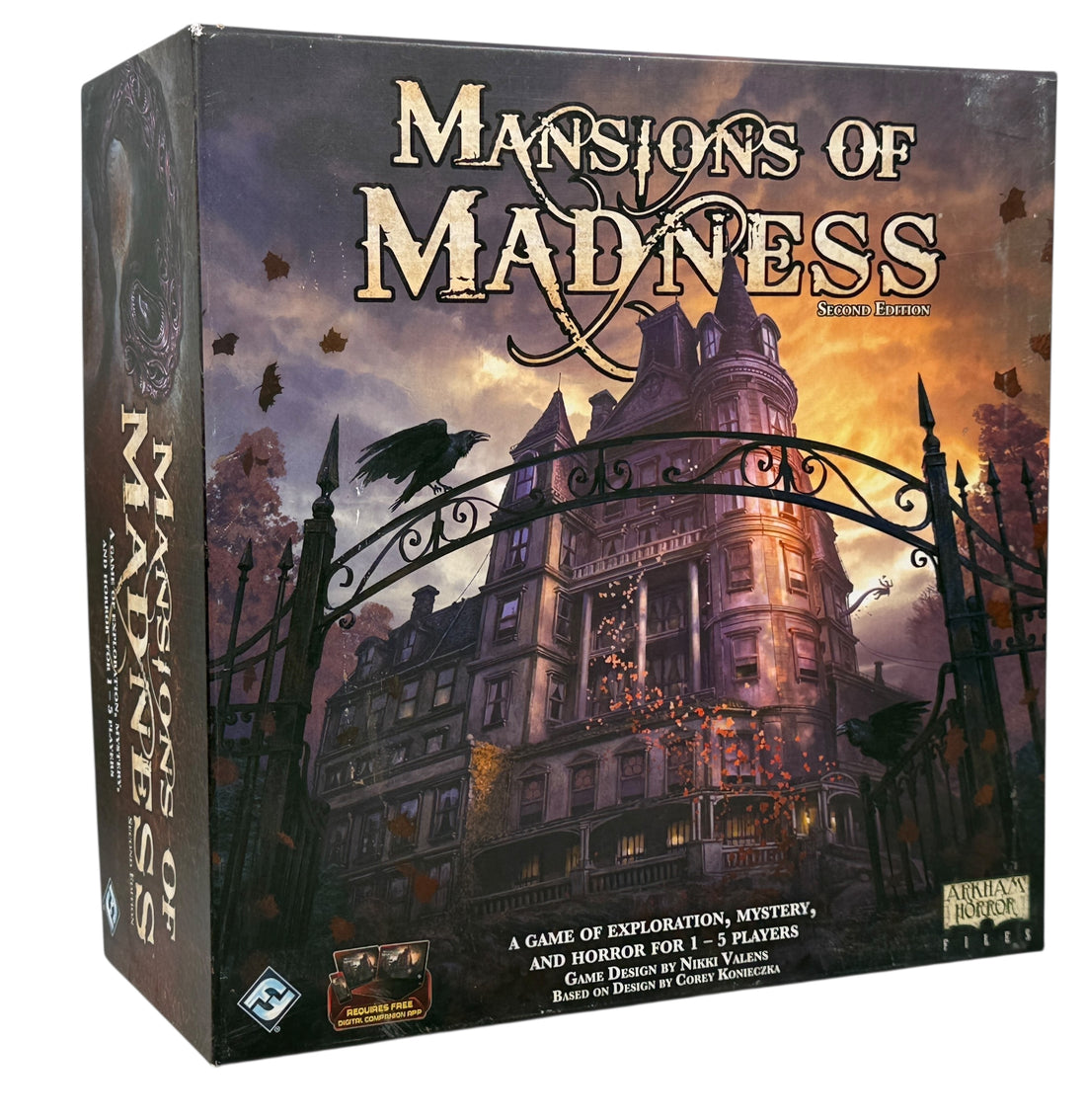 Cooperative horror board game for 1–5 players. Mansions of Madness Second Edition by Fantasy Flight, complete with tiles, minis, and rules.