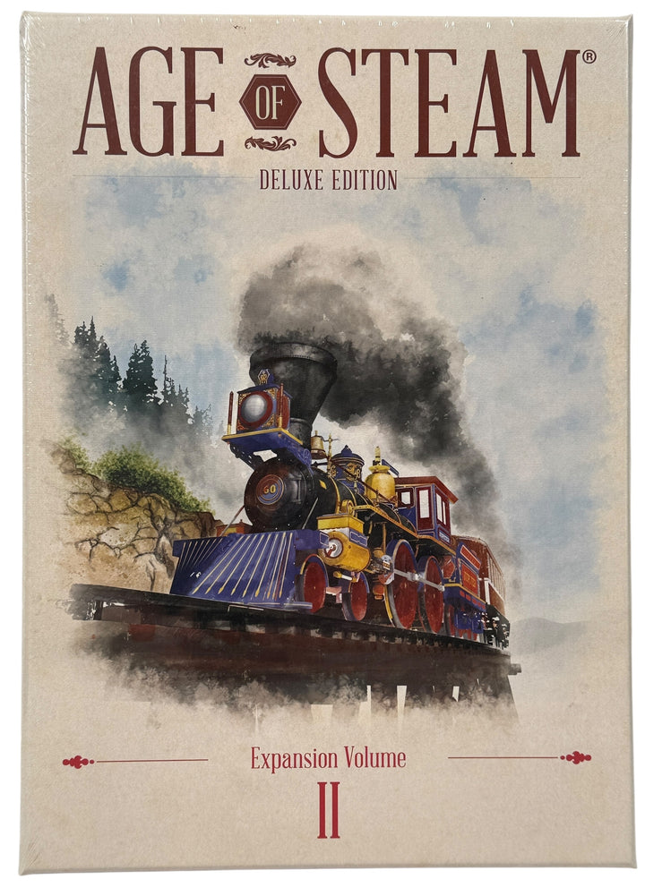 Sealed Age of Steam Deluxe Expansion Volume II with 7 maps including solo play. Essential expansion for fans of the classic railway strategy game.