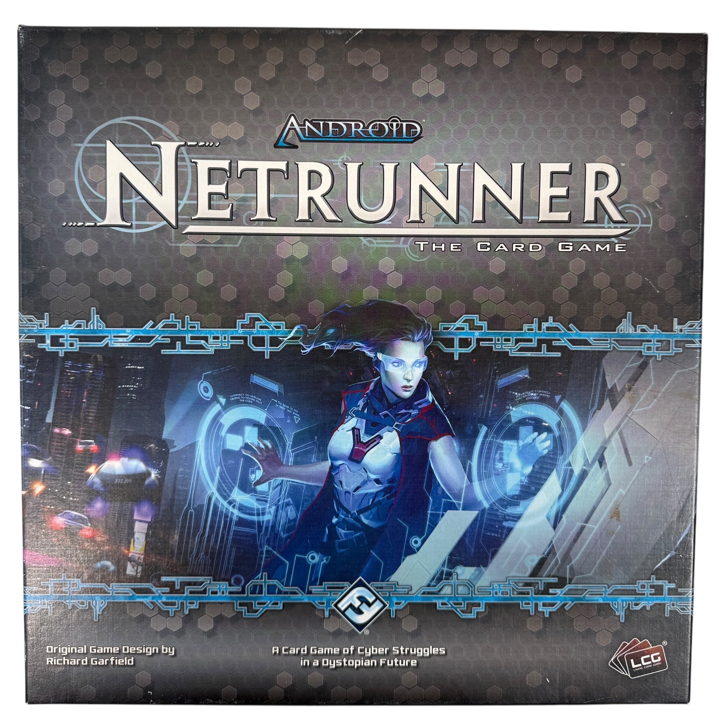 Out-of-print Android Netrunner Core Set by Fantasy Flight Games. Complete with sealed cards and unused tokens. Collector-grade cyberpunk card game.