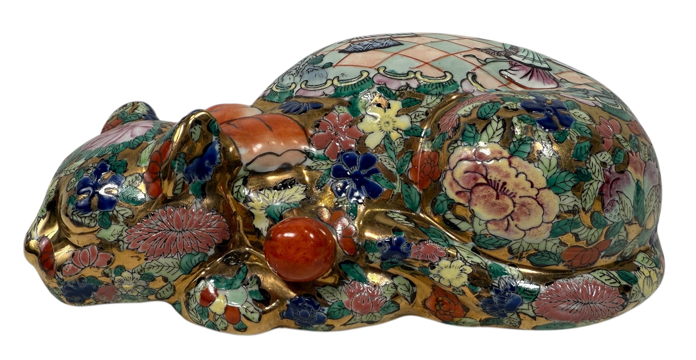 Large hand-painted Asian porcelain sleeping cat with floral décor and gold gilt. Mid-century Chinese export statement décor piece.