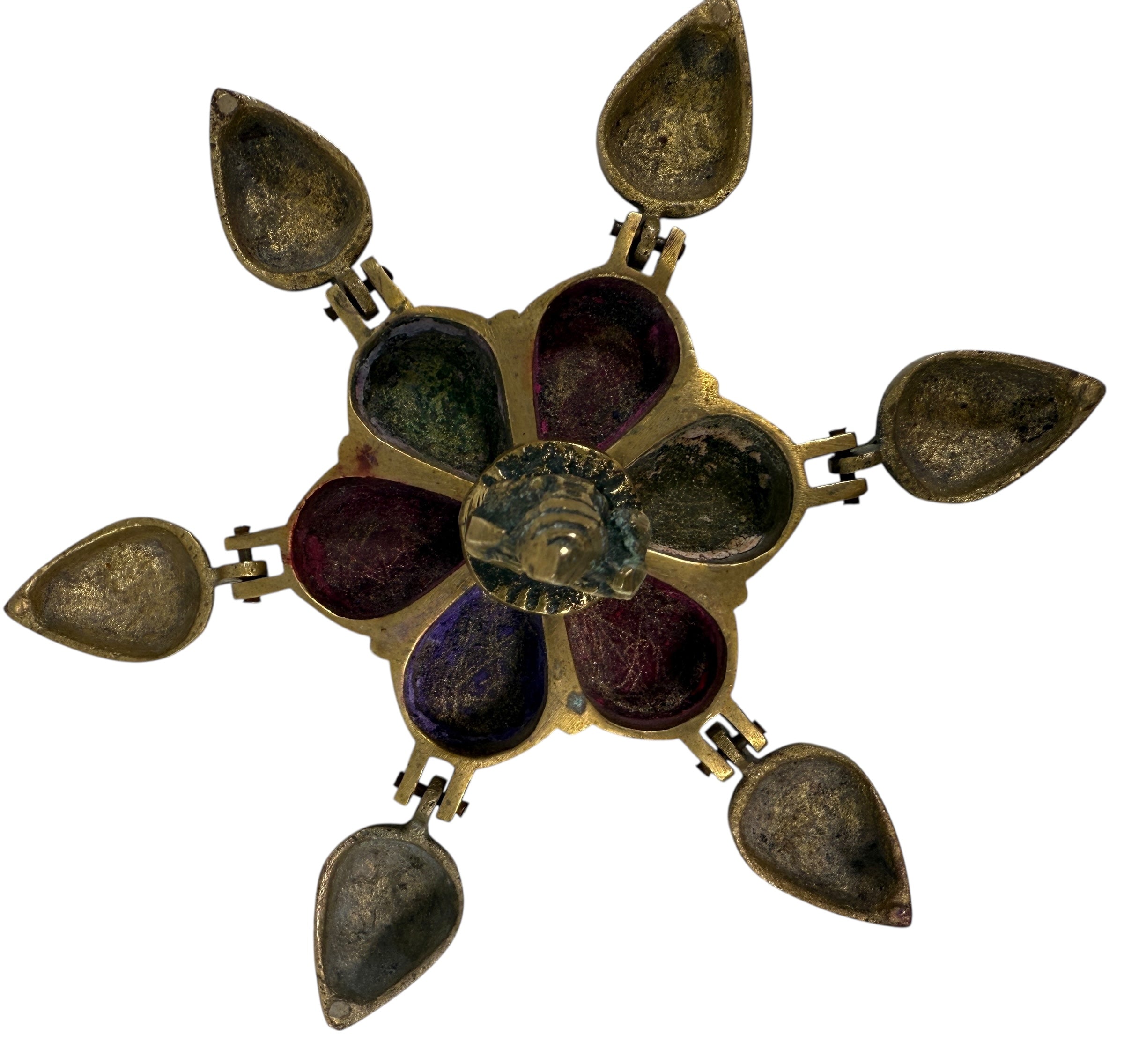 Vintage Indian brass folding incense burner with Ganesha, six hinged compartments in lotus form. Solid brass devotional ritual piece.