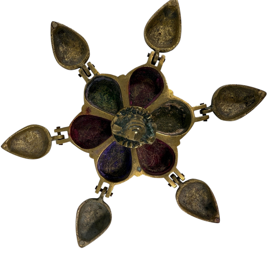 Vintage Indian brass folding incense burner with Ganesha, six hinged compartments in lotus form. Solid brass devotional ritual piece.