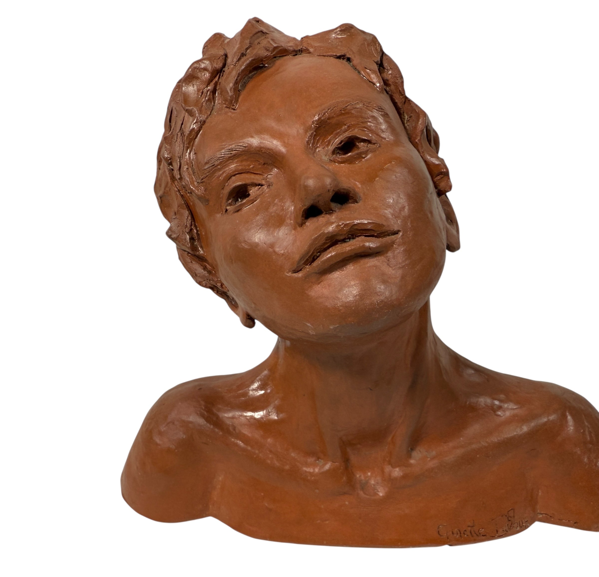 Original terracotta bust sculpture Moments de grâce by Ginette Dufour. Canadian contemporary figurative art with expressive detail and gallery presence.