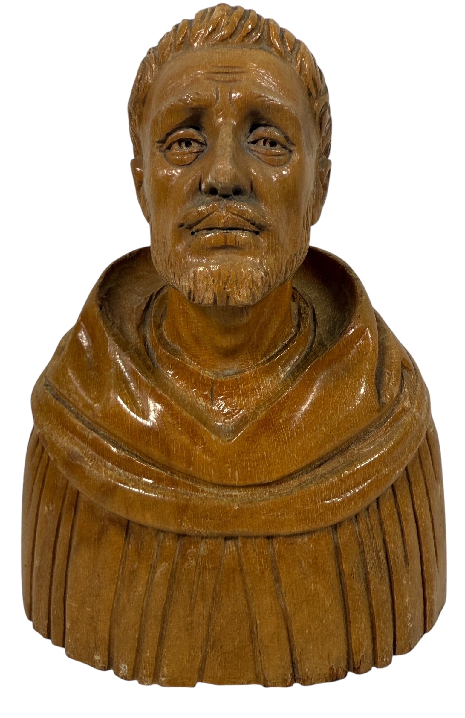 Hand-carved mid-century wood monk bust. Vintage religious décor from Europe. Warm handcrafted detail. Ideal for collectors and spiritual home staging.
