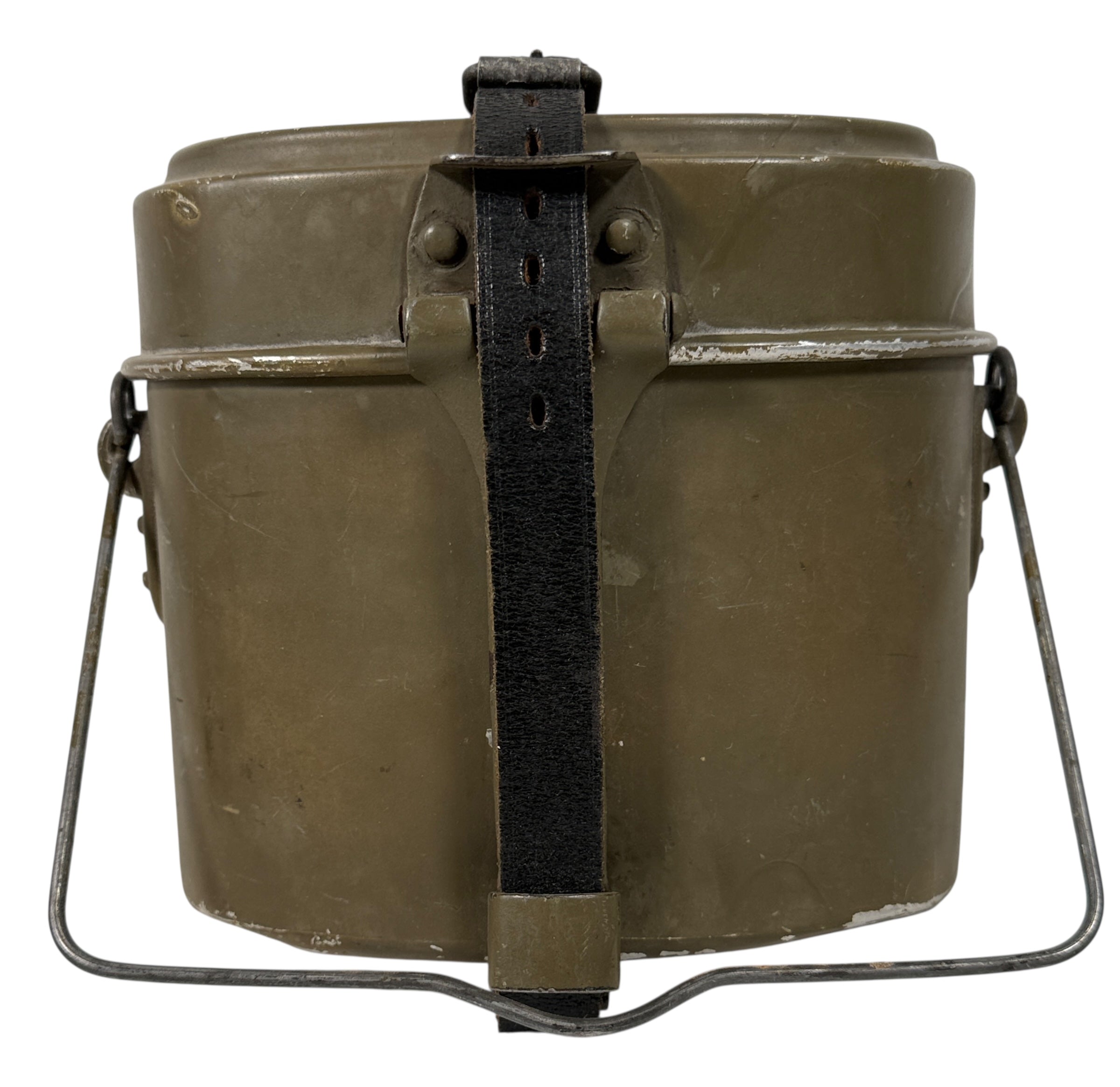 Vintage Swedish Army steel mess kit with original leather strap, WWII era field gear in good condition. Collectible military surplus. Fast shipping from Canada.