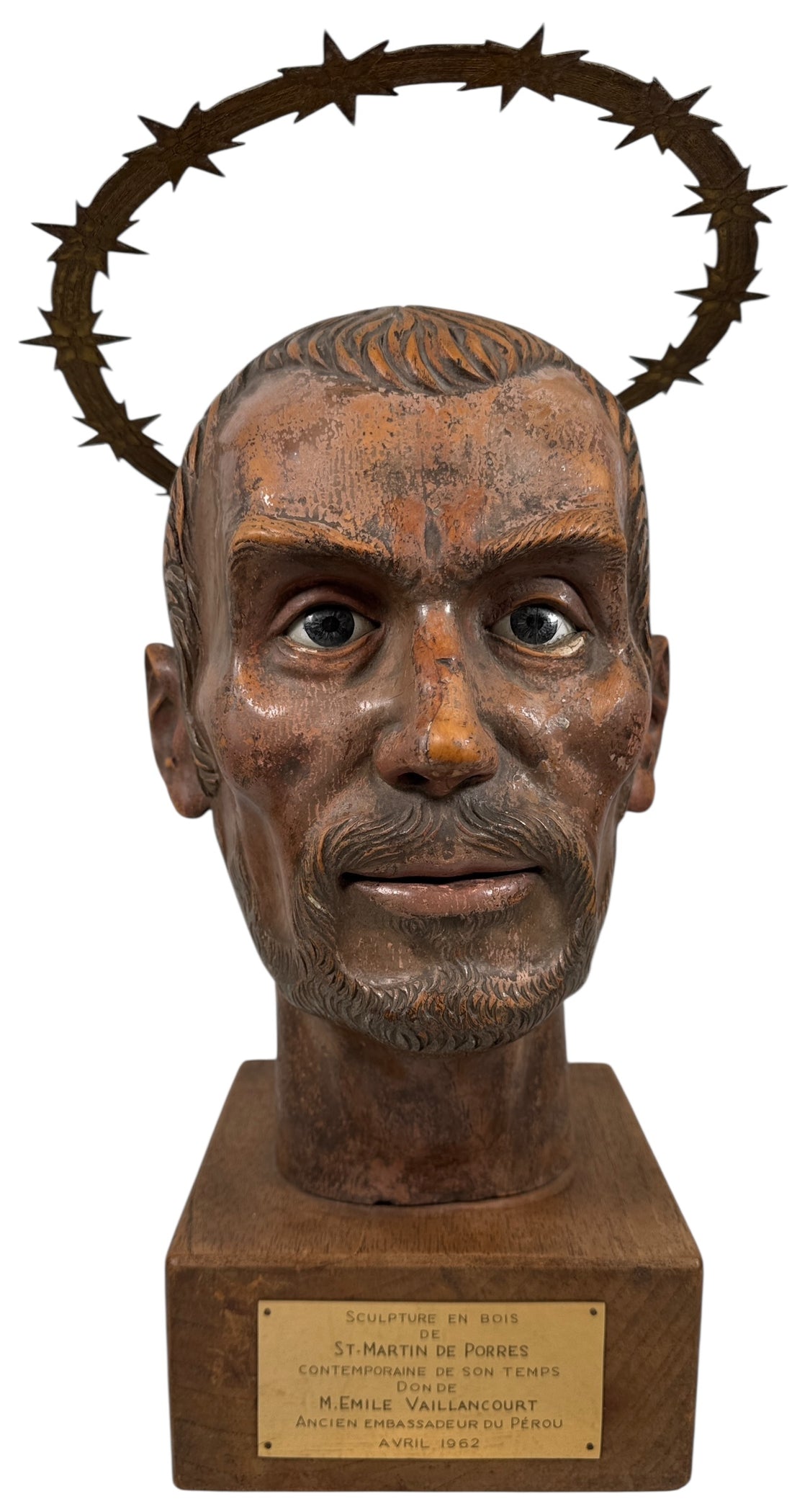 Wood bust of Saint Martin de Porres (1962) with diplomatic provenance from Canadian Ambassador in Peru. Glass eyes, halo, presentation plaque. Rare devotional art.