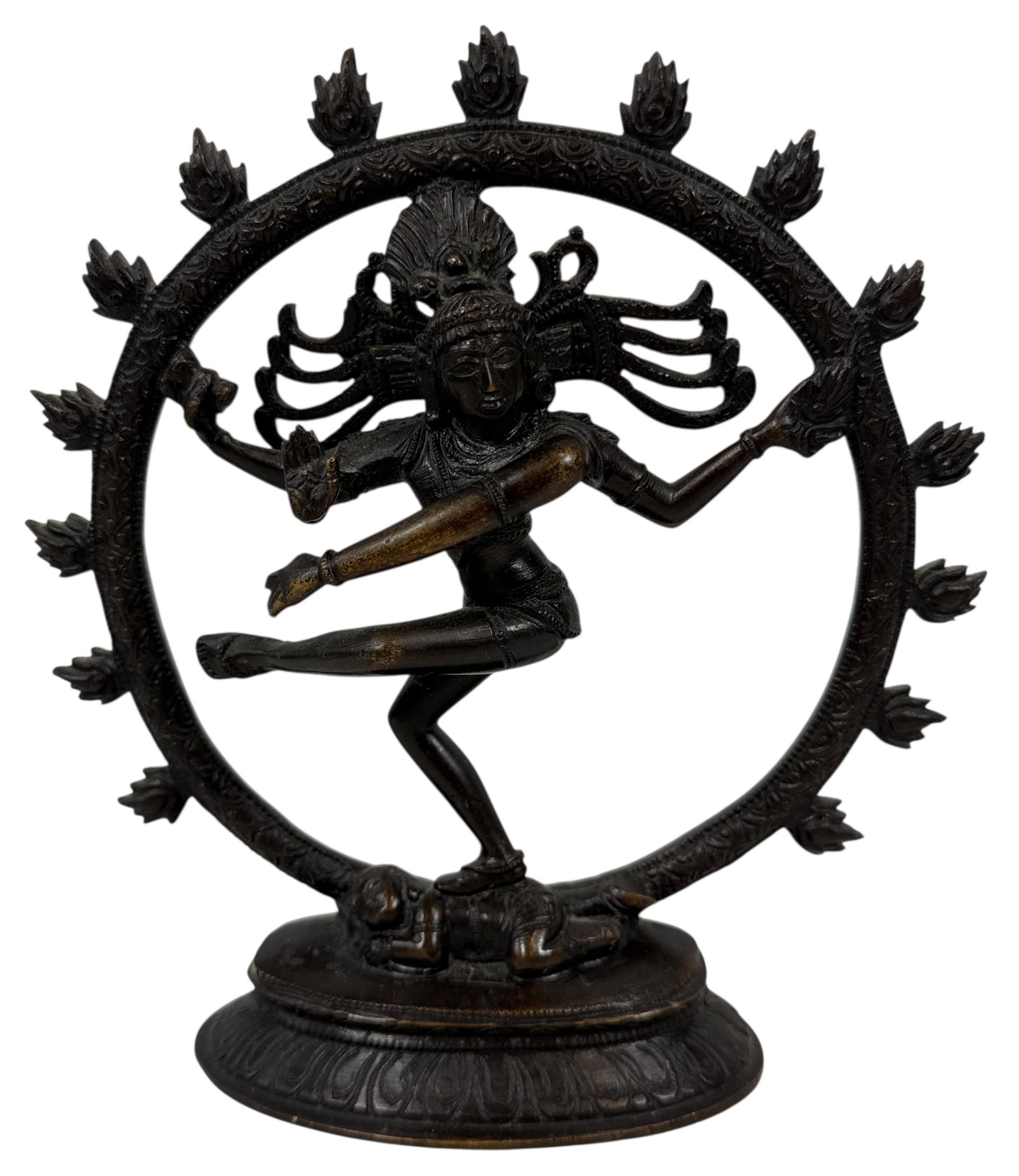 Indian Shiva Nataraja brass statue with cosmic ring of flames. Vintage devotional décor for altar, yoga or meditation spaces. Late 20th century. India.